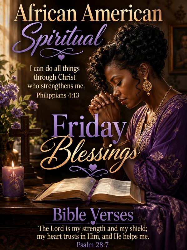 350+ African American Spiritual Friday Blessings & Prayers
African American Spiritual Friday Blessings are short, faith-filled prayers and messages shared to close the week with gratitude, peace, and hope. They draw on Black church tradition, Scripture, and family love.
Send them as texts, images, or GIFs on Friday morning to encourage loved ones and bring calm to your own weekend.
African American Friday Blessings Images And Quotes
African American Spiritual Friday Blessings look best with a soft sunrise image and one short line of prayer.
Pair a church steeple photo with this line: "Friday is here, and grace showed up first."
Post a coffee cup and Bible image. Add: "Start slow. God already went ahead of you."
Choose warm gold colors for your image. They match a hopeful Friday mood.
Share a family table photo with: "Bless this home and everyone who eats here."
Try an image of open hands with African American Spiritual Friday Blessings written in clear, bold text.
Add this quote to a sunset picture: "You made it through the week. Now rest in His care."
A praying hands photo needs only five words: "Thank You, Lord, for this week."
Use a quiet garden image with: "Peace grows where faith is planted."
Put this on a morning sky photo: "New mercy, new strength, new Friday."
Send African American Spiritual Friday Blessings with a family photo to remind loved ones they are not alone.
Try a choir robe photo with: "Your praise is louder than your worries."
A simple quote works best: "Friday is a gift. Open it slowly."
Share an image of a porch swing with: "Sit down. Breathe. God has the rest."
Add a Bible page image with one highlighted line and one sentence of thanks.
Use African American Spiritual Friday Blessings on a Facebook cover photo to greet friends every weekend.
Pick clear fonts. Big letters are easy to read on a small phone screen.
Try this line on a river image: "Let go of the week. Let God carry it."
Add a smiling photo of your mother or grandmother with: "Her prayers still cover me."
Post a blue sky image with: "Today, I choose peace over pressure."
African American Spiritual Friday Blessings feel warmer when you tag the person you are praying for.
Use a candle image with: "Light one small prayer for someone you love."
Share a Sunday-best hat image with: "Dress your spirit in gratitude this Friday."
Use quilt-pattern backgrounds to honor family heritage and patient faith.
Add a simple woven border to your blessing image. Keep it respectful and clean.
Try a photo of a cross at dawn with African American Spiritual Friday Blessings in the caption.
Write this on a rainy window photo: "Even storms answer to God."
Post a Friday-night dinner plate with: "Thank You for food, family, and rest."
Use a tall tree image with: "Deep roots, strong faith, free spirit."
Add your own short prayer to any image. Personal words feel real.
African American Spiritual Friday Blessings images work well in family group chats on Friday morning.
Share a photo of a handwritten note with: "Someone prayed for you today. It was me."
Use a starry night photo with: "Rest well. Heaven keeps watch."
Keep images clean. One photo and one line beat a crowded design.
Save your favorite blessing images in a folder so you can share them fast each week.
African American Friday Blessings GIF
African American Spiritual Friday Blessings GIFs work best when the loop is slow and the text is short.
Choose a GIF of soft golden light. Add: "Friday blessings, poured out."
Try a praying hands loop with the words: "Covered again."
A glowing cross GIF can carry one line: "Peace be with you."
Use a rising sunrise GIF for a morning message: "Rise and give thanks."
Send African American Spiritual Friday Blessings as a GIF when a long text feels too heavy.
Try a dancing joy GIF with: "Friday came, and grace came with it."
Pick a gentle bird GIF with: "Fly light this weekend."
Add a floating hearts GIF for family chats. Write: "Loved and prayed for."
Use a steaming coffee GIF with: "Sip slow. Pray slow."
Keep every GIF under five seconds. Short loops load faster on phones.
Send a church bell GIF with: "Joy is ringing today."
Use a sparkling water GIF with: "Let peace flow through you."
Try a candle flicker GIF with: "Still small light, still enough."
African American Spiritual Friday Blessings GIFs make a tiny gift for coworkers on a busy day.
Choose a rain-turns-to-sunshine GIF with: "Your storm is passing."
Add a falling petals GIF and write: "Blessings are landing on you."
Send a clapping hands GIF to celebrate a friend who finished a hard week.
Use a sunrise GIF with: "Mercy is new every morning."
Try a heartbeat line GIF with: "God is closer than your next breath."
African American Spiritual Friday Blessings feel personal when you add the receiver's name to the GIF.
Post a butterfly GIF with: "Change is coming, and it is good."
Use a cozy blanket GIF with: "Rest is holy too."
Send a shining star GIF to a friend who needs hope tonight.
Choose a sunflower GIF with: "Turn your face to the light."
African American Spiritual Friday Blessings GIFs are simple to share on WhatsApp, Facebook, and text.
Try an open Bible GIF with: "His word is my Friday."
Add a gentle wave GIF with: "Let God wash the week away."
Use a hug GIF for grieving family members. Write: "Held in prayer today."
Pick a smiling sunrise GIF for teens with: "Your future is bright."
African American Spiritual Friday Blessings GIFs should feel warm, kind, and respectful.
Avoid flashing lights. Choose calm, slow motion for easy viewing.
Send a thank-you GIF to your pastor or choir leader after a good week.
Match the GIF mood to the message. Calm words need calm motion.
Save a few favorite GIFs on your phone for quick Friday greetings.
Happy Friday Black Woman Images And Quotes
Happy Friday to the Black woman who carried much and still showed up with grace.
African American Spiritual Friday Blessings for women should honor strength, rest, and joy together.
Sister, your prayers are not small. Heaven hears every one.
Post a photo of a woman in prayer with: "She rose, she prayed, she thrived."
Queen, put down the weight today. Friday is for rest.
You are strong. You are also allowed to be tired and cared for.
Share an image of a woman in a church hat with: "Crowned in faith, dressed in grace."
Happy Friday to the mothers who prayed us through every hard season.
To the woman working two jobs and still praising: God sees your effort.
African American Spiritual Friday Blessings lift a woman's spirit when the week felt long.
Use a bright yellow background for your image. Yellow feels like joy.
May your Friday feel soft, safe, and full of good laughter.
Your voice matters. Speak it with kindness and courage today.
Post a warm smile photo with: "Beautiful exactly as God made you."
Happy Friday to the grandmothers whose wisdom still lights up our homes.
Sister, your peace is worth protecting. Say no without guilt today.
Share this line with a friend: "I am proud of how you kept going."
African American Spiritual Friday Blessings remind every woman that her worth is not earned by work.
Add a soft floral border to your image. It suits a gentle Friday message.
To the woman starting over: this Friday is a fresh page.
May your table be full and your heart be lighter tonight.
Send a photo of two friends laughing with: "Sisterhood is a blessing."
Happy Friday to the nurse, teacher, and cashier who served others all week.
You do not have to hold it all together. God holds you.
Try this line: "Her faith is quiet, but heaven hears it loud."
African American Spiritual Friday Blessings can be a small hug you send to a tired friend.
Choose images with real, smiling women. Real joy connects best.
Whisper this tonight: "I did enough. I am enough."
May every seed you planted this week grow in due time.
Happy Friday to the woman building a business with prayer and patience.
African American Spiritual Friday Blessings for women can end with one clear prayer for rest.
Sister, celebrate small wins. They are still wins.
Post a tea and journal image with: "Tonight, I rest."
Wear your joy out loud this weekend. You earned it.
Tag a woman who prays for others. Bless her back today.
African American Friday Quotes
Friday is proof that you kept going.
Our ancestors prayed for days like this one. Enjoy it.
African American Spiritual Friday Blessings turn a plain day into a holy pause.
Faith walks with us from Monday to Friday.
Community is the porch where we rest together.
We come from people who sang through hard times. We can hold our peace too.
Gratitude on Friday is a family habit worth keeping.
Do not rush past today. It is a gift.
Friday tastes better when shared with people you love.
Rest is not lazy. It is part of the plan.
African American Spiritual Friday Blessings connect today's prayers to yesterday's courage.
The church taught us to sing our way to hope.
A kind word on Friday can carry a person through the weekend.
Legacy is built in small, faithful days.
Let joy be your protest and your prayer.
Break bread, share laughter, and tell the old stories again.
Every Friday is a chance to say thank you out loud.
You are a living answer to someone's old prayer.
African American Spiritual Friday Blessings remind us that hope is a family inheritance.
Hard weeks do not have the final word.
Friday is for gratitude, good music, and good company.
Lean on your people. They are part of your blessing.
Faith and rhythm go together. Let your soul move to it.
Walk into the weekend with your head up and your heart open.
What you plant in prayer, you harvest in peace.
Teach the young ones to give thanks. It will follow them for life.
African American Spiritual Friday Blessings are best when you share them out loud with someone.
Slow down. The Lord is not in a hurry, and neither are you.
Friday is a small Sabbath for a tired soul.
May your home be full of songs and low on stress.
Honor the elders who showed you how to pray.
Your story is still being written. Write it with faith.
Let go of what you cannot fix. Trust the One who can.
Good things grow in grateful hearts.
Say it plain: "Thank You, Lord. We made it."
Black Woman Friday Quotes
She is calm on the outside because she prayed on the inside.
Black woman, you are worthy of rest and honored for your work.
African American Spiritual Friday Blessings remind her that she is deeply loved.
She turns hard days into wisdom and wisdom into light.
Let your Friday be gentle. You have been strong enough.
A woman of faith carries hope even when the room is loud.
Your grace is not weakness. It is power with good manners.
She rises, she builds, she blesses, and she rests.
Friday belongs to the woman who kept the family going.
Your ancestors' strength lives in your steady steps.
African American Spiritual Friday Blessings encourage her to choose joy without guilt.
Say it with me: "I am chosen, capable, and cared for."
A Black woman's prayer can move mountains and mend homes.
Your laughter is medicine for the people around you.
She does not need to earn her rest. It is already hers.
Walk into the weekend like the royalty you are.
She is soft and strong at the same time.
May God guard your heart as carefully as you guard others.
African American Spiritual Friday Blessings can remind her to breathe and pray before she plans.
Your beauty is more than how you look. It is your light.
She keeps her faith when the news is heavy.
Speak kindly to yourself today. You are still growing.
Every dream she holds is a seed of God's promise.
Sister, your circle can be your calm. Call one friend today.
She dresses in courage and wears a smile on top.
Your presence changes the room. Thank you for showing up.
African American Spiritual Friday Blessings tell her she was never alone this week.
Healing takes time. Give yourself all the time you need.
She prays big prayers and takes small steps.
Your worth is settled. No weekday can change it.
May Friday bring you laughter, music, and long naps.
Behind every strong woman is a God who gave her strength.
You are the answer to someone's prayer today.
Rest now. Tomorrow will meet you with mercy.
Blessed is the woman who trusts her God and her own voice.
African American Friday Blessings
May your Friday open with peace and close with joy.
African American Spiritual Friday Blessings begin with thanks for the week that has passed.
May every worry you carry today be lighter by evening.
May your family gather safely and laugh easily this weekend.
May God bless your work and bless your rest.
May the ones you love feel your prayers today.
May doors open that no person can shut.
African American Friday blessings can be short, sweet, and full of love.
May your home be filled with kindness and steady faith.
May your car, your road, and your travel be safe.
May you forgive what needs forgiving and keep what needs keeping.
May this Friday bring the good news you have waited for.
May your health be strong and your spirit be light.
May your bills be paid and your peace be steady.
African American Spiritual Friday Blessings are a way to speak good things over the people we love.
May you feel God near when the room is quiet.
May your children walk in wisdom and wonder.
May new friends and old friends both find you.
May the church you love keep its doors and hearts open.
May old quarrels soften and new bridges stand.
May tonight's supper be warm and your company be kind.
May the elders in your life feel honored and cared for.
African American Spiritual Friday Blessings can be said at the dinner table before the meal.
May your tired hands be strengthened and your tired mind be still.
May every small kindness you gave return to you.
May you sleep deeply and wake up grateful tomorrow.
May your dreams feel possible again.
May the music you love lift your mood this evening.
May the community around you stay safe and strong.
African American Spiritual Friday Blessings are strongest when they come from a sincere heart.
May you find courage to start what you have delayed.
May God bless the hands that cooked, cleaned, taught, and built this week.
May your weekend be slow enough to notice the good.
May you feel the arms of heaven around you tonight.
Go in peace, and may this blessing follow you home.
African American Spiritual Friday Blessings Quotes
African American Spiritual Friday Blessings quotes connect faith, family, and freedom in one short line.
"Lord, thank You for carrying me when I could not carry myself."
African American Spiritual Friday Blessings quotes are made to be read slowly and shared warmly.
"Grace met me on Monday and never left my side."
"My faith is older than my worries."
African American Spiritual Friday Blessings quote: "I made it, and God made a way."
"Every song my elders sang still teaches me to trust."
"Friday is a holy exhale."
African American Spiritual Friday Blessings quotes can be used as captions, cards, or text messages.
"I will not be shaken. I am held."
"Let the same God who opened Monday close Friday with peace."
African American Spiritual Friday Blessings quotes bring old faith into a new week.
"Praise is my armor and prayer is my home."
"The week bent me, but it did not break me."
African American Spiritual Friday Blessings quote for peace: "Be still, and let heaven speak."
"I carry a legacy of hope in my bones."
"Thank You for another chapter, Lord."
African American Spiritual Friday Blessings quotes are gentle reminders that you are not alone.
"Where I was weary, You were near."
"My cup is full, and my heart is grateful."
"Faith does not remove storms. It teaches you to sing inside them."
African American Spiritual Friday Blessings quotes give a tired heart a place to land.
"Freedom begins in a heart that trusts God."
"Today I lay my burdens at Your feet."
African American Spiritual Friday Blessings quotes work well before a Friday night service or prayer call.
"I am blessed to be a blessing."
"My ancestors hoped. I hope too."
"The Lord will finish what He started in me."
African American Spiritual Friday Blessings quotes can be read aloud with your family.
"Let every Friday be a small testimony."
"I rest in what God has already done."
African American Spiritual Friday Blessings quotes turn quick scrolling into a quiet prayer moment.
"The end of the week is the start of thanks."
"Here I stand, grateful, held, and free."
"May all who read these words feel peace."
African American Spiritual Friday Blessings Images And Quotes
African American Spiritual Friday Blessings images and quotes are easy to make on a free design app.
Pair a cross silhouette with: "By His grace, I made it."
Use an open field at dawn with: "Freedom sings in a grateful heart."
African American Spiritual Friday Blessings images look strong in deep purple and gold.
Try a church window image with: "Light pours through faithful people."
Add a praying elder photo with: "Their knees bent so our backs could straighten."
African American Spiritual Friday Blessings images can nod to the spirituals sung by enslaved ancestors.
Put a candle photo with: "Prayer is a light that never runs out."
Show a dove image with: "Peace has wings this Friday."
African American Spiritual Friday Blessings images glow with warm sunrise shades of orange and pink.
Use a mountain photo with: "Speak to your mountain. Then walk on."
Add a Bible and coffee image with: "Word first, world later."
African American Spiritual Friday Blessings images can be saved and forwarded to friends who need hope.
Write on a river photo: "Let grace wash over the week."
Choose real photos over stock when you can. Real faces feel warmer.
Use a hymnal picture with: "Sing it once more. It still works."
African American Spiritual Friday Blessings images can show a family walking home from church.
Add a lamp image with: "God's word lights the next step."
Use a sunset with: "This week is finished. God is not."
African American Spiritual Friday Blessings images need a clear, readable font.
Post a photo of hands joined in a circle with: "We pray better together."
Use a bridge image with: "God carried me across."
Add a wheat field image with: "Harvest is coming. Keep believing."
African American Spiritual Friday Blessings images should credit the photographer when possible.
Show a dawn road image with: "Walk on. He walks with you."
Try a family photo with: "In this house, we serve the Lord."
Use black and white photos of elders with warm gold text for a heritage feel.
African American Spiritual Friday Blessings images can end with a small "Amen" in the corner.
Show a peaceful lake with: "Stillness is also a prayer."
Add a shining door image with: "Favor is opening doors for you."
African American Spiritual Friday Blessings images suit Pinterest pins and WhatsApp status updates.
Choose a photo of your local church for a personal touch.
Write "You are covered" over a quilt photo, a nod to the care of family.
African American Spiritual Friday Blessings images can be printed and hung near the front door.
Keep the message short. One idea per image is enough.
African American Spiritual Friday Blessings GIF
African American Spiritual Friday Blessings GIFs bring gentle movement to a simple prayer.
Use a glowing cross GIF with: "Peace to your house."
Try a dove GIF flying across a sunset sky with: "Peace is on the way."
African American Spiritual Friday Blessings GIFs can carry a hopeful line inspired by the spirituals.
Pick a praying hands GIF with soft gold sparkles and the words "Amen, Friday."
Add a shining door GIF with: "A new door is opening."
African American Spiritual Friday Blessings GIFs are perfect for a pastor's Friday text to the congregation.
Send a candle GIF with: "Praying for you tonight."
Use a moving wheat field GIF with: "The harvest is near."
Try an open Bible GIF with page-turn motion and the words "Read, rest, rejoice."
African American Spiritual Friday Blessings GIFs feel special when the loop matches the mood of the words.
Choose a choir GIF with: "Sing it out, Friday."
Show a sunrise GIF with: "His mercy is new."
Add a gently falling star GIF with: "Make a prayer and let it go."
African American Spiritual Friday Blessings GIFs should stay simple. Too much motion hides the message.
Send a hug GIF with: "Wrapped in prayer."
Use a bridge GIF with: "You are crossing over."
Try a butterfly GIF with: "Grace is changing you."
African American Spiritual Friday Blessings GIFs can brighten church group chats and prayer lines.
Show a slow ocean wave GIF with: "His love is deeper than the week."
Add a warm-light window GIF with: "Come home to rest."
Use a heart-and-cross GIF for a friend in a hard season.
African American Spiritual Friday Blessings GIFs should always come with kind, sincere words.
Send a heaven-bound thumbs-up GIF with: "Thank You, Lord."
Try a rainbow GIF with: "Promises keep their color."
Choose a gentle clapping GIF with: "Praise break time."
African American Spiritual Friday Blessings GIFs are easy to save from the GIF keyboard on your phone.
Use a growing plant GIF with: "Keep growing in grace."
Add a mountain sunrise GIF with: "The climb is worth it."
African American Spiritual Friday Blessings GIFs help long-distance families feel close.
Send a peaceful lake GIF with: "Be still."
Try a lantern GIF with: "Carry light into the weekend."
Add a slow snowfall GIF for winter Fridays with: "Quiet blessings falling."
African American Spiritual Friday Blessings GIFs pair best with one Bible verse reference.
Test the GIF before sending. Make sure it loads and looks clear.
African American Spiritual Friday Blessings Bible Verses
Strength For A Long Week
Psalm 118:24 God made this day, so rejoice in it. It is a favorite pick for African American Spiritual Friday Blessings.
Philippians 4:13 Christ gives you strength for every task.
Isaiah 40:31 Those who wait on the Lord get new strength.
Joshua 1:9 Be brave. God is with you everywhere. Add it to African American Spiritual Friday Blessings for a friend starting something new.
Nehemiah 8:10 The joy of the Lord makes you strong.
Psalm 46:1 God is a refuge and a quick help in trouble.
Isaiah 41:10 Do not fear. God holds you up.
Psalm 28:7 The Lord is your strength and shield. Use it in African American Spiritual Friday Blessings for hard workweeks.
Deuteronomy 31:6 God will not leave you or forsake you.
2 Corinthians 12:9 His grace is enough when you feel weak.
Psalm 27:1 The Lord is your light, so fear has no place.
Exodus 15:2 The Lord is your strength and your song.
Peace For A Weary Heart
John 14:27 Jesus leaves His peace with you. African American Spiritual Friday Blessings can begin with this promise.
Philippians 4:6-7 Pray about everything, and God's peace will guard your heart.
Psalm 29:11 The Lord blesses His people with peace.
Isaiah 26:3 God keeps in perfect peace the mind that trusts Him.
Psalm 23:1 The Lord is your shepherd, so you lack nothing. Pair it with African American Spiritual Friday Blessings for elders.
Numbers 6:24-26 The Lord bless you and keep you. It makes a fine closing line.
Matthew 11:28 Come to Jesus, all who are weary, and find rest.
Psalm 4:8 You can lie down and sleep in peace.
Colossians 3:15 Let Christ's peace rule your heart.
Psalm 121:1-2 Your help comes from the Lord who made heaven and earth.
Proverbs 3:5-6 Trust the Lord fully, and He will guide your path.
Gratitude And Hope For The Weekend
Jeremiah 29:11 God has plans for your welfare and your hope. It fits African American Spiritual Friday Blessings for graduates and job seekers.
Lamentations 3:22-23 His mercies are new every morning.
Psalm 107:1 Give thanks to the Lord. He is good, and His love lasts.
Romans 8:28 God works all things for good for those who love Him.
Psalm 30:5 Weeping may last a night, but joy comes in the morning. Use it in African American Spiritual Friday Blessings for grieving friends.
1 Thessalonians 5:18 Give thanks in every situation.
Romans 15:13 May the God of hope fill you with joy and peace.
Psalm 34:8 Taste and see that the Lord is good.
James 1:17 Every good gift comes from above. Read it in African American Spiritual Friday Blessings at the dinner table.
Psalm 100:4 Enter His gates with thanks and His courts with praise.
Ephesians 3:20 God can do more than we ask or imagine.
Psalm 136:1 Give thanks to the Lord. His love endures forever.
FAQs
What are African American Spiritual Friday Blessings?
African American Spiritual Friday Blessings are faith-based prayers, quotes, and messages shared at the end of the week. They grow from Black church tradition and Scripture. The Library of Congress describes spirituals as religious folk songs tied to enslaved Africans in the American South, and many blessings carry that same hope.
Why do people share Friday blessings?
People share them to give thanks, offer comfort, and encourage others before the weekend. A short blessing can lift a tired friend. It also helps the sender pause and reflect.
What is the best time to send a Friday blessing?
Friday morning is the most popular time. A morning message sets a hopeful tone for the day. You can also send one in the evening as a prayer for rest.
Which Bible verses are popular for Friday blessings?
Psalm 118:24, Philippians 4:13, Jeremiah 29:11, and Lamentations 3:22-23 are common choices. They speak about gratitude, strength, hope, and daily mercy.
Can I share Friday blessing images and GIFs on social media?
Yes. Share them on Facebook, Instagram, Pinterest, or WhatsApp. Use your own photos or free-to-use images, keep the text short, and add a kind personal note.
How can I write my own Friday blessing?
Start with one thing you are thankful for. Add one hope for the reader. End with a short prayer or a Bible verse. Keep it simple and sincere.
Conclusion
African American Spiritual Friday Blessings offer a simple way to end the week with thanks, peace, and hope.
You now have 350+ blessings, quotes, images, GIF ideas, and Bible verses to use anywhere. Pick one today, send it to someone you love, and share the light.