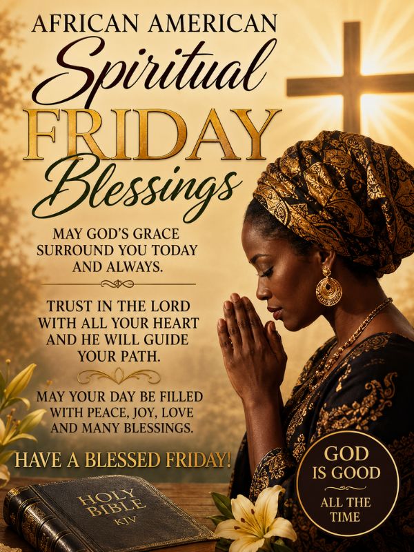 350+ African American Spiritual Friday Blessings & Prayers
African American Spiritual Friday Blessings are short, faith-filled prayers and messages shared to close the week with gratitude, peace, and hope. They draw on Black church tradition, Scripture, and family love.
Send them as texts, images, or GIFs on Friday morning to encourage loved ones and bring calm to your own weekend.
African American Friday Blessings Images And Quotes
African American Spiritual Friday Blessings look best with a soft sunrise image and one short line of prayer.
Pair a church steeple photo with this line: "Friday is here, and grace showed up first."
Post a coffee cup and Bible image. Add: "Start slow. God already went ahead of you."
Choose warm gold colors for your image. They match a hopeful Friday mood.
Share a family table photo with: "Bless this home and everyone who eats here."
Try an image of open hands with African American Spiritual Friday Blessings written in clear, bold text.
Add this quote to a sunset picture: "You made it through the week. Now rest in His care."
A praying hands photo needs only five words: "Thank You, Lord, for this week."
Use a quiet garden image with: "Peace grows where faith is planted."
Put this on a morning sky photo: "New mercy, new strength, new Friday."
Send African American Spiritual Friday Blessings with a family photo to remind loved ones they are not alone.
Try a choir robe photo with: "Your praise is louder than your worries."
A simple quote works best: "Friday is a gift. Open it slowly."
Share an image of a porch swing with: "Sit down. Breathe. God has the rest."
Add a Bible page image with one highlighted line and one sentence of thanks.
Use African American Spiritual Friday Blessings on a Facebook cover photo to greet friends every weekend.
Pick clear fonts. Big letters are easy to read on a small phone screen.
Try this line on a river image: "Let go of the week. Let God carry it."
Add a smiling photo of your mother or grandmother with: "Her prayers still cover me."
Post a blue sky image with: "Today, I choose peace over pressure."
African American Spiritual Friday Blessings feel warmer when you tag the person you are praying for.
Use a candle image with: "Light one small prayer for someone you love."
Share a Sunday-best hat image with: "Dress your spirit in gratitude this Friday."
Use quilt-pattern backgrounds to honor family heritage and patient faith.
Add a simple woven border to your blessing image. Keep it respectful and clean.
Try a photo of a cross at dawn with African American Spiritual Friday Blessings in the caption.
Write this on a rainy window photo: "Even storms answer to God."
Post a Friday-night dinner plate with: "Thank You for food, family, and rest."
Use a tall tree image with: "Deep roots, strong faith, free spirit."
Add your own short prayer to any image. Personal words feel real.
African American Spiritual Friday Blessings images work well in family group chats on Friday morning.
Share a photo of a handwritten note with: "Someone prayed for you today. It was me."
Use a starry night photo with: "Rest well. Heaven keeps watch."
Keep images clean. One photo and one line beat a crowded design.
Save your favorite blessing images in a folder so you can share them fast each week.
African American Friday Blessings GIF
African American Spiritual Friday Blessings GIFs work best when the loop is slow and the text is short.
Choose a GIF of soft golden light. Add: "Friday blessings, poured out."
Try a praying hands loop with the words: "Covered again."
A glowing cross GIF can carry one line: "Peace be with you."
Use a rising sunrise GIF for a morning message: "Rise and give thanks."
Send African American Spiritual Friday Blessings as a GIF when a long text feels too heavy.
Try a dancing joy GIF with: "Friday came, and grace came with it."
Pick a gentle bird GIF with: "Fly light this weekend."
Add a floating hearts GIF for family chats. Write: "Loved and prayed for."
Use a steaming coffee GIF with: "Sip slow. Pray slow."
Keep every GIF under five seconds. Short loops load faster on phones.
Send a church bell GIF with: "Joy is ringing today."
Use a sparkling water GIF with: "Let peace flow through you."
Try a candle flicker GIF with: "Still small light, still enough."
African American Spiritual Friday Blessings GIFs make a tiny gift for coworkers on a busy day.
Choose a rain-turns-to-sunshine GIF with: "Your storm is passing."
Add a falling petals GIF and write: "Blessings are landing on you."
Send a clapping hands GIF to celebrate a friend who finished a hard week.
Use a sunrise GIF with: "Mercy is new every morning."
Try a heartbeat line GIF with: "God is closer than your next breath."
African American Spiritual Friday Blessings feel personal when you add the receiver's name to the GIF.
Post a butterfly GIF with: "Change is coming, and it is good."
Use a cozy blanket GIF with: "Rest is holy too."
Send a shining star GIF to a friend who needs hope tonight.
Choose a sunflower GIF with: "Turn your face to the light."
African American Spiritual Friday Blessings GIFs are simple to share on WhatsApp, Facebook, and text.
Try an open Bible GIF with: "His word is my Friday."
Add a gentle wave GIF with: "Let God wash the week away."
Use a hug GIF for grieving family members. Write: "Held in prayer today."
Pick a smiling sunrise GIF for teens with: "Your future is bright."
African American Spiritual Friday Blessings GIFs should feel warm, kind, and respectful.
Avoid flashing lights. Choose calm, slow motion for easy viewing.
Send a thank-you GIF to your pastor or choir leader after a good week.
Match the GIF mood to the message. Calm words need calm motion.
Save a few favorite GIFs on your phone for quick Friday greetings.
Happy Friday Black Woman Images And Quotes
Happy Friday to the Black woman who carried much and still showed up with grace.
African American Spiritual Friday Blessings for women should honor strength, rest, and joy together.
Sister, your prayers are not small. Heaven hears every one.
Post a photo of a woman in prayer with: "She rose, she prayed, she thrived."
Queen, put down the weight today. Friday is for rest.
You are strong. You are also allowed to be tired and cared for.
Share an image of a woman in a church hat with: "Crowned in faith, dressed in grace."
Happy Friday to the mothers who prayed us through every hard season.
To the woman working two jobs and still praising: God sees your effort.
African American Spiritual Friday Blessings lift a woman's spirit when the week felt long.
Use a bright yellow background for your image. Yellow feels like joy.
May your Friday feel soft, safe, and full of good laughter.
Your voice matters. Speak it with kindness and courage today.
Post a warm smile photo with: "Beautiful exactly as God made you."
Happy Friday to the grandmothers whose wisdom still lights up our homes.
Sister, your peace is worth protecting. Say no without guilt today.
Share this line with a friend: "I am proud of how you kept going."
African American Spiritual Friday Blessings remind every woman that her worth is not earned by work.
Add a soft floral border to your image. It suits a gentle Friday message.
To the woman starting over: this Friday is a fresh page.
May your table be full and your heart be lighter tonight.
Send a photo of two friends laughing with: "Sisterhood is a blessing."
Happy Friday to the nurse, teacher, and cashier who served others all week.
You do not have to hold it all together. God holds you.
Try this line: "Her faith is quiet, but heaven hears it loud."
African American Spiritual Friday Blessings can be a small hug you send to a tired friend.
Choose images with real, smiling women. Real joy connects best.
Whisper this tonight: "I did enough. I am enough."
May every seed you planted this week grow in due time.
Happy Friday to the woman building a business with prayer and patience.
African American Spiritual Friday Blessings for women can end with one clear prayer for rest.
Sister, celebrate small wins. They are still wins.
Post a tea and journal image with: "Tonight, I rest."
Wear your joy out loud this weekend. You earned it.
Tag a woman who prays for others. Bless her back today.
African American Friday Quotes
Friday is proof that you kept going.
Our ancestors prayed for days like this one. Enjoy it.
African American Spiritual Friday Blessings turn a plain day into a holy pause.
Faith walks with us from Monday to Friday.
Community is the porch where we rest together.
We come from people who sang through hard times. We can hold our peace too.
Gratitude on Friday is a family habit worth keeping.
Do not rush past today. It is a gift.
Friday tastes better when shared with people you love.
Rest is not lazy. It is part of the plan.
African American Spiritual Friday Blessings connect today's prayers to yesterday's courage.
The church taught us to sing our way to hope.
A kind word on Friday can carry a person through the weekend.
Legacy is built in small, faithful days.
Let joy be your protest and your prayer.
Break bread, share laughter, and tell the old stories again.
Every Friday is a chance to say thank you out loud.
You are a living answer to someone's old prayer.
African American Spiritual Friday Blessings remind us that hope is a family inheritance.
Hard weeks do not have the final word.
Friday is for gratitude, good music, and good company.
Lean on your people. They are part of your blessing.
Faith and rhythm go together. Let your soul move to it.
Walk into the weekend with your head up and your heart open.
What you plant in prayer, you harvest in peace.
Teach the young ones to give thanks. It will follow them for life.
African American Spiritual Friday Blessings are best when you share them out loud with someone.
Slow down. The Lord is not in a hurry, and neither are you.
Friday is a small Sabbath for a tired soul.
May your home be full of songs and low on stress.
Honor the elders who showed you how to pray.
Your story is still being written. Write it with faith.
Let go of what you cannot fix. Trust the One who can.
Good things grow in grateful hearts.
Say it plain: "Thank You, Lord. We made it."
Black Woman Friday Quotes
She is calm on the outside because she prayed on the inside.
Black woman, you are worthy of rest and honored for your work.
African American Spiritual Friday Blessings remind her that she is deeply loved.
She turns hard days into wisdom and wisdom into light.
Let your Friday be gentle. You have been strong enough.
A woman of faith carries hope even when the room is loud.
Your grace is not weakness. It is power with good manners.
She rises, she builds, she blesses, and she rests.
Friday belongs to the woman who kept the family going.
Your ancestors' strength lives in your steady steps.
African American Spiritual Friday Blessings encourage her to choose joy without guilt.
Say it with me: "I am chosen, capable, and cared for."
A Black woman's prayer can move mountains and mend homes.
Your laughter is medicine for the people around you.
She does not need to earn her rest. It is already hers.
Walk into the weekend like the royalty you are.
She is soft and strong at the same time.
May God guard your heart as carefully as you guard others.
African American Spiritual Friday Blessings can remind her to breathe and pray before she plans.
Your beauty is more than how you look. It is your light.
She keeps her faith when the news is heavy.
Speak kindly to yourself today. You are still growing.
Every dream she holds is a seed of God's promise.
Sister, your circle can be your calm. Call one friend today.
She dresses in courage and wears a smile on top.
Your presence changes the room. Thank you for showing up.
African American Spiritual Friday Blessings tell her she was never alone this week.
Healing takes time. Give yourself all the time you need.
She prays big prayers and takes small steps.
Your worth is settled. No weekday can change it.
May Friday bring you laughter, music, and long naps.
Behind every strong woman is a God who gave her strength.
You are the answer to someone's prayer today.
Rest now. Tomorrow will meet you with mercy.
Blessed is the woman who trusts her God and her own voice.
African American Friday Blessings
May your Friday open with peace and close with joy.
African American Spiritual Friday Blessings begin with thanks for the week that has passed.
May every worry you carry today be lighter by evening.
May your family gather safely and laugh easily this weekend.
May God bless your work and bless your rest.
May the ones you love feel your prayers today.
May doors open that no person can shut.
African American Friday blessings can be short, sweet, and full of love.
May your home be filled with kindness and steady faith.
May your car, your road, and your travel be safe.
May you forgive what needs forgiving and keep what needs keeping.
May this Friday bring the good news you have waited for.
May your health be strong and your spirit be light.
May your bills be paid and your peace be steady.
African American Spiritual Friday Blessings are a way to speak good things over the people we love.
May you feel God near when the room is quiet.
May your children walk in wisdom and wonder.
May new friends and old friends both find you.
May the church you love keep its doors and hearts open.
May old quarrels soften and new bridges stand.
May tonight's supper be warm and your company be kind.
May the elders in your life feel honored and cared for.
African American Spiritual Friday Blessings can be said at the dinner table before the meal.
May your tired hands be strengthened and your tired mind be still.
May every small kindness you gave return to you.
May you sleep deeply and wake up grateful tomorrow.
May your dreams feel possible again.
May the music you love lift your mood this evening.
May the community around you stay safe and strong.
African American Spiritual Friday Blessings are strongest when they come from a sincere heart.
May you find courage to start what you have delayed.
May God bless the hands that cooked, cleaned, taught, and built this week.
May your weekend be slow enough to notice the good.
May you feel the arms of heaven around you tonight.
Go in peace, and may this blessing follow you home.
African American Spiritual Friday Blessings Quotes
African American Spiritual Friday Blessings quotes connect faith, family, and freedom in one short line.
"Lord, thank You for carrying me when I could not carry myself."
African American Spiritual Friday Blessings quotes are made to be read slowly and shared warmly.
"Grace met me on Monday and never left my side."
"My faith is older than my worries."
African American Spiritual Friday Blessings quote: "I made it, and God made a way."
"Every song my elders sang still teaches me to trust."
"Friday is a holy exhale."
African American Spiritual Friday Blessings quotes can be used as captions, cards, or text messages.
"I will not be shaken. I am held."
"Let the same God who opened Monday close Friday with peace."
African American Spiritual Friday Blessings quotes bring old faith into a new week.
"Praise is my armor and prayer is my home."
"The week bent me, but it did not break me."
African American Spiritual Friday Blessings quote for peace: "Be still, and let heaven speak."
"I carry a legacy of hope in my bones."
"Thank You for another chapter, Lord."
African American Spiritual Friday Blessings quotes are gentle reminders that you are not alone.
"Where I was weary, You were near."
"My cup is full, and my heart is grateful."
"Faith does not remove storms. It teaches you to sing inside them."
African American Spiritual Friday Blessings quotes give a tired heart a place to land.
"Freedom begins in a heart that trusts God."
"Today I lay my burdens at Your feet."
African American Spiritual Friday Blessings quotes work well before a Friday night service or prayer call.
"I am blessed to be a blessing."
"My ancestors hoped. I hope too."
"The Lord will finish what He started in me."
African American Spiritual Friday Blessings quotes can be read aloud with your family.
"Let every Friday be a small testimony."
"I rest in what God has already done."
African American Spiritual Friday Blessings quotes turn quick scrolling into a quiet prayer moment.
"The end of the week is the start of thanks."
"Here I stand, grateful, held, and free."
"May all who read these words feel peace."
African American Spiritual Friday Blessings Images And Quotes
African American Spiritual Friday Blessings images and quotes are easy to make on a free design app.
Pair a cross silhouette with: "By His grace, I made it."
Use an open field at dawn with: "Freedom sings in a grateful heart."
African American Spiritual Friday Blessings images look strong in deep purple and gold.
Try a church window image with: "Light pours through faithful people."
Add a praying elder photo with: "Their knees bent so our backs could straighten."
African American Spiritual Friday Blessings images can nod to the spirituals sung by enslaved ancestors.
Put a candle photo with: "Prayer is a light that never runs out."
Show a dove image with: "Peace has wings this Friday."
African American Spiritual Friday Blessings images glow with warm sunrise shades of orange and pink.
Use a mountain photo with: "Speak to your mountain. Then walk on."
Add a Bible and coffee image with: "Word first, world later."
African American Spiritual Friday Blessings images can be saved and forwarded to friends who need hope.
Write on a river photo: "Let grace wash over the week."
Choose real photos over stock when you can. Real faces feel warmer.
Use a hymnal picture with: "Sing it once more. It still works."
African American Spiritual Friday Blessings images can show a family walking home from church.
Add a lamp image with: "God's word lights the next step."
Use a sunset with: "This week is finished. God is not."
African American Spiritual Friday Blessings images need a clear, readable font.
Post a photo of hands joined in a circle with: "We pray better together."
Use a bridge image with: "God carried me across."
Add a wheat field image with: "Harvest is coming. Keep believing."
African American Spiritual Friday Blessings images should credit the photographer when possible.
Show a dawn road image with: "Walk on. He walks with you."
Try a family photo with: "In this house, we serve the Lord."
Use black and white photos of elders with warm gold text for a heritage feel.
African American Spiritual Friday Blessings images can end with a small "Amen" in the corner.
Show a peaceful lake with: "Stillness is also a prayer."
Add a shining door image with: "Favor is opening doors for you."
African American Spiritual Friday Blessings images suit Pinterest pins and WhatsApp status updates.
Choose a photo of your local church for a personal touch.
Write "You are covered" over a quilt photo, a nod to the care of family.
African American Spiritual Friday Blessings images can be printed and hung near the front door.
Keep the message short. One idea per image is enough.
African American Spiritual Friday Blessings GIF
African American Spiritual Friday Blessings GIFs bring gentle movement to a simple prayer.
Use a glowing cross GIF with: "Peace to your house."
Try a dove GIF flying across a sunset sky with: "Peace is on the way."
African American Spiritual Friday Blessings GIFs can carry a hopeful line inspired by the spirituals.
Pick a praying hands GIF with soft gold sparkles and the words "Amen, Friday."
Add a shining door GIF with: "A new door is opening."
African American Spiritual Friday Blessings GIFs are perfect for a pastor's Friday text to the congregation.
Send a candle GIF with: "Praying for you tonight."
Use a moving wheat field GIF with: "The harvest is near."
Try an open Bible GIF with page-turn motion and the words "Read, rest, rejoice."
African American Spiritual Friday Blessings GIFs feel special when the loop matches the mood of the words.
Choose a choir GIF with: "Sing it out, Friday."
Show a sunrise GIF with: "His mercy is new."
Add a gently falling star GIF with: "Make a prayer and let it go."
African American Spiritual Friday Blessings GIFs should stay simple. Too much motion hides the message.
Send a hug GIF with: "Wrapped in prayer."
Use a bridge GIF with: "You are crossing over."
Try a butterfly GIF with: "Grace is changing you."
African American Spiritual Friday Blessings GIFs can brighten church group chats and prayer lines.
Show a slow ocean wave GIF with: "His love is deeper than the week."
Add a warm-light window GIF with: "Come home to rest."
Use a heart-and-cross GIF for a friend in a hard season.
African American Spiritual Friday Blessings GIFs should always come with kind, sincere words.
Send a heaven-bound thumbs-up GIF with: "Thank You, Lord."
Try a rainbow GIF with: "Promises keep their color."
Choose a gentle clapping GIF with: "Praise break time."
African American Spiritual Friday Blessings GIFs are easy to save from the GIF keyboard on your phone.
Use a growing plant GIF with: "Keep growing in grace."
Add a mountain sunrise GIF with: "The climb is worth it."
African American Spiritual Friday Blessings GIFs help long-distance families feel close.
Send a peaceful lake GIF with: "Be still."
Try a lantern GIF with: "Carry light into the weekend."
Add a slow snowfall GIF for winter Fridays with: "Quiet blessings falling."
African American Spiritual Friday Blessings GIFs pair best with one Bible verse reference.
Test the GIF before sending. Make sure it loads and looks clear.
African American Spiritual Friday Blessings Bible Verses
Strength For A Long Week
Psalm 118:24 God made this day, so rejoice in it. It is a favorite pick for African American Spiritual Friday Blessings.
Philippians 4:13 Christ gives you strength for every task.
Isaiah 40:31 Those who wait on the Lord get new strength.
Joshua 1:9 Be brave. God is with you everywhere. Add it to African American Spiritual Friday Blessings for a friend starting something new.
Nehemiah 8:10 The joy of the Lord makes you strong.
Psalm 46:1 God is a refuge and a quick help in trouble.
Isaiah 41:10 Do not fear. God holds you up.
Psalm 28:7 The Lord is your strength and shield. Use it in African American Spiritual Friday Blessings for hard workweeks.
Deuteronomy 31:6 God will not leave you or forsake you.
2 Corinthians 12:9 His grace is enough when you feel weak.
Psalm 27:1 The Lord is your light, so fear has no place.
Exodus 15:2 The Lord is your strength and your song.
Peace For A Weary Heart
John 14:27 Jesus leaves His peace with you. African American Spiritual Friday Blessings can begin with this promise.
Philippians 4:6-7 Pray about everything, and God's peace will guard your heart.
Psalm 29:11 The Lord blesses His people with peace.
Isaiah 26:3 God keeps in perfect peace the mind that trusts Him.
Psalm 23:1 The Lord is your shepherd, so you lack nothing. Pair it with African American Spiritual Friday Blessings for elders.
Numbers 6:24-26 The Lord bless you and keep you. It makes a fine closing line.
Matthew 11:28 Come to Jesus, all who are weary, and find rest.
Psalm 4:8 You can lie down and sleep in peace.
Colossians 3:15 Let Christ's peace rule your heart.
Psalm 121:1-2 Your help comes from the Lord who made heaven and earth.
Proverbs 3:5-6 Trust the Lord fully, and He will guide your path.
Gratitude And Hope For The Weekend
Jeremiah 29:11 God has plans for your welfare and your hope. It fits African American Spiritual Friday Blessings for graduates and job seekers.
Lamentations 3:22-23 His mercies are new every morning.
Psalm 107:1 Give thanks to the Lord. He is good, and His love lasts.
Romans 8:28 God works all things for good for those who love Him.
Psalm 30:5 Weeping may last a night, but joy comes in the morning. Use it in African American Spiritual Friday Blessings for grieving friends.
1 Thessalonians 5:18 Give thanks in every situation.
Romans 15:13 May the God of hope fill you with joy and peace.
Psalm 34:8 Taste and see that the Lord is good.
James 1:17 Every good gift comes from above. Read it in African American Spiritual Friday Blessings at the dinner table.
Psalm 100:4 Enter His gates with thanks and His courts with praise.
Ephesians 3:20 God can do more than we ask or imagine.
Psalm 136:1 Give thanks to the Lord. His love endures forever.
FAQs
What are African American Spiritual Friday Blessings?
African American Spiritual Friday Blessings are faith-based prayers, quotes, and messages shared at the end of the week. They grow from Black church tradition and Scripture. The Library of Congress describes spirituals as religious folk songs tied to enslaved Africans in the American South, and many blessings carry that same hope.
Why do people share Friday blessings?
People share them to give thanks, offer comfort, and encourage others before the weekend. A short blessing can lift a tired friend. It also helps the sender pause and reflect.
What is the best time to send a Friday blessing?
Friday morning is the most popular time. A morning message sets a hopeful tone for the day. You can also send one in the evening as a prayer for rest.
Which Bible verses are popular for Friday blessings?
Psalm 118:24, Philippians 4:13, Jeremiah 29:11, and Lamentations 3:22-23 are common choices. They speak about gratitude, strength, hope, and daily mercy.
Can I share Friday blessing images and GIFs on social media?
Yes. Share them on Facebook, Instagram, Pinterest, or WhatsApp. Use your own photos or free-to-use images, keep the text short, and add a kind personal note.
How can I write my own Friday blessing?
Start with one thing you are thankful for. Add one hope for the reader. End with a short prayer or a Bible verse. Keep it simple and sincere.
Conclusion
African American Spiritual Friday Blessings offer a simple way to end the week with thanks, peace, and hope.
You now have 350+ blessings, quotes, images, GIF ideas, and Bible verses to use anywhere. Pick one today, send it to someone you love, and share the light.
350+ African American Spiritual Friday Blessings & Prayers
African American Spiritual Friday Blessings are short, faith-filled prayers and messages shared to close the week with gratitude, peace, and hope. They draw on Black church tradition, Scripture, and family love.
Send them as texts, images, or GIFs on Friday morning to encourage loved ones and bring calm to your own weekend.
African American Friday Blessings Images And Quotes
African American Spiritual Friday Blessings look best with a soft sunrise image and one short line of prayer.
Pair a church steeple photo with this line: "Friday is here, and grace showed up first."
Post a coffee cup and Bible image. Add: "Start slow. God already went ahead of you."
Choose warm gold colors for your image. They match a hopeful Friday mood.
Share a family table photo with: "Bless this home and everyone who eats here."
Try an image of open hands with African American Spiritual Friday Blessings written in clear, bold text.
Add this quote to a sunset picture: "You made it through the week. Now rest in His care."
A praying hands photo needs only five words: "Thank You, Lord, for this week."
Use a quiet garden image with: "Peace grows where faith is planted."
Put this on a morning sky photo: "New mercy, new strength, new Friday."
Send African American Spiritual Friday Blessings with a family photo to remind loved ones they are not alone.
Try a choir robe photo with: "Your praise is louder than your worries."
A simple quote works best: "Friday is a gift. Open it slowly."
Share an image of a porch swing with: "Sit down. Breathe. God has the rest."
Add a Bible page image with one highlighted line and one sentence of thanks.
Use African American Spiritual Friday Blessings on a Facebook cover photo to greet friends every weekend.
Pick clear fonts. Big letters are easy to read on a small phone screen.
Try this line on a river image: "Let go of the week. Let God carry it."
Add a smiling photo of your mother or grandmother with: "Her prayers still cover me."
Post a blue sky image with: "Today, I choose peace over pressure."
African American Spiritual Friday Blessings feel warmer when you tag the person you are praying for.
Use a candle image with: "Light one small prayer for someone you love."
Share a Sunday-best hat image with: "Dress your spirit in gratitude this Friday."
Use quilt-pattern backgrounds to honor family heritage and patient faith.
Add a simple woven border to your blessing image. Keep it respectful and clean.
Try a photo of a cross at dawn with African American Spiritual Friday Blessings in the caption.
Write this on a rainy window photo: "Even storms answer to God."
Post a Friday-night dinner plate with: "Thank You for food, family, and rest."
Use a tall tree image with: "Deep roots, strong faith, free spirit."
Add your own short prayer to any image. Personal words feel real.
African American Spiritual Friday Blessings images work well in family group chats on Friday morning.
Share a photo of a handwritten note with: "Someone prayed for you today. It was me."
Use a starry night photo with: "Rest well. Heaven keeps watch."
Keep images clean. One photo and one line beat a crowded design.
Save your favorite blessing images in a folder so you can share them fast each week.
African American Friday Blessings GIF
African American Spiritual Friday Blessings GIFs work best when the loop is slow and the text is short.
Choose a GIF of soft golden light. Add: "Friday blessings, poured out."
Try a praying hands loop with the words: "Covered again."
A glowing cross GIF can carry one line: "Peace be with you."
Use a rising sunrise GIF for a morning message: "Rise and give thanks."
Send African American Spiritual Friday Blessings as a GIF when a long text feels too heavy.
Try a dancing joy GIF with: "Friday came, and grace came with it."
Pick a gentle bird GIF with: "Fly light this weekend."
Add a floating hearts GIF for family chats. Write: "Loved and prayed for."
Use a steaming coffee GIF with: "Sip slow. Pray slow."
Keep every GIF under five seconds. Short loops load faster on phones.
Send a church bell GIF with: "Joy is ringing today."
Use a sparkling water GIF with: "Let peace flow through you."
Try a candle flicker GIF with: "Still small light, still enough."
African American Spiritual Friday Blessings GIFs make a tiny gift for coworkers on a busy day.
Choose a rain-turns-to-sunshine GIF with: "Your storm is passing."
Add a falling petals GIF and write: "Blessings are landing on you."
Send a clapping hands GIF to celebrate a friend who finished a hard week.
Use a sunrise GIF with: "Mercy is new every morning."
Try a heartbeat line GIF with: "God is closer than your next breath."
African American Spiritual Friday Blessings feel personal when you add the receiver's name to the GIF.
Post a butterfly GIF with: "Change is coming, and it is good."
Use a cozy blanket GIF with: "Rest is holy too."
Send a shining star GIF to a friend who needs hope tonight.
Choose a sunflower GIF with: "Turn your face to the light."
African American Spiritual Friday Blessings GIFs are simple to share on WhatsApp, Facebook, and text.
Try an open Bible GIF with: "His word is my Friday."
Add a gentle wave GIF with: "Let God wash the week away."
Use a hug GIF for grieving family members. Write: "Held in prayer today."
Pick a smiling sunrise GIF for teens with: "Your future is bright."
African American Spiritual Friday Blessings GIFs should feel warm, kind, and respectful.
Avoid flashing lights. Choose calm, slow motion for easy viewing.
Send a thank-you GIF to your pastor or choir leader after a good week.
Match the GIF mood to the message. Calm words need calm motion.
Save a few favorite GIFs on your phone for quick Friday greetings.
Happy Friday Black Woman Images And Quotes
Happy Friday to the Black woman who carried much and still showed up with grace.
African American Spiritual Friday Blessings for women should honor strength, rest, and joy together.
Sister, your prayers are not small. Heaven hears every one.
Post a photo of a woman in prayer with: "She rose, she prayed, she thrived."
Queen, put down the weight today. Friday is for rest.
You are strong. You are also allowed to be tired and cared for.
Share an image of a woman in a church hat with: "Crowned in faith, dressed in grace."
Happy Friday to the mothers who prayed us through every hard season.
To the woman working two jobs and still praising: God sees your effort.
African American Spiritual Friday Blessings lift a woman's spirit when the week felt long.
Use a bright yellow background for your image. Yellow feels like joy.
May your Friday feel soft, safe, and full of good laughter.
Your voice matters. Speak it with kindness and courage today.
Post a warm smile photo with: "Beautiful exactly as God made you."
Happy Friday to the grandmothers whose wisdom still lights up our homes.
Sister, your peace is worth protecting. Say no without guilt today.
Share this line with a friend: "I am proud of how you kept going."
African American Spiritual Friday Blessings remind every woman that her worth is not earned by work.
Add a soft floral border to your image. It suits a gentle Friday message.
To the woman starting over: this Friday is a fresh page.
May your table be full and your heart be lighter tonight.
Send a photo of two friends laughing with: "Sisterhood is a blessing."
Happy Friday to the nurse, teacher, and cashier who served others all week.
You do not have to hold it all together. God holds you.
Try this line: "Her faith is quiet, but heaven hears it loud."
African American Spiritual Friday Blessings can be a small hug you send to a tired friend.
Choose images with real, smiling women. Real joy connects best.
Whisper this tonight: "I did enough. I am enough."
May every seed you planted this week grow in due time.
Happy Friday to the woman building a business with prayer and patience.
African American Spiritual Friday Blessings for women can end with one clear prayer for rest.
Sister, celebrate small wins. They are still wins.
Post a tea and journal image with: "Tonight, I rest."
Wear your joy out loud this weekend. You earned it.
Tag a woman who prays for others. Bless her back today.
African American Friday Quotes
Friday is proof that you kept going.
Our ancestors prayed for days like this one. Enjoy it.
African American Spiritual Friday Blessings turn a plain day into a holy pause.
Faith walks with us from Monday to Friday.
Community is the porch where we rest together.
We come from people who sang through hard times. We can hold our peace too.
Gratitude on Friday is a family habit worth keeping.
Do not rush past today. It is a gift.
Friday tastes better when shared with people you love.
Rest is not lazy. It is part of the plan.
African American Spiritual Friday Blessings connect today's prayers to yesterday's courage.
The church taught us to sing our way to hope.
A kind word on Friday can carry a person through the weekend.
Legacy is built in small, faithful days.
Let joy be your protest and your prayer.
Break bread, share laughter, and tell the old stories again.
Every Friday is a chance to say thank you out loud.
You are a living answer to someone's old prayer.
African American Spiritual Friday Blessings remind us that hope is a family inheritance.
Hard weeks do not have the final word.
Friday is for gratitude, good music, and good company.
Lean on your people. They are part of your blessing.
Faith and rhythm go together. Let your soul move to it.
Walk into the weekend with your head up and your heart open.
What you plant in prayer, you harvest in peace.
Teach the young ones to give thanks. It will follow them for life.
African American Spiritual Friday Blessings are best when you share them out loud with someone.
Slow down. The Lord is not in a hurry, and neither are you.
Friday is a small Sabbath for a tired soul.
May your home be full of songs and low on stress.
Honor the elders who showed you how to pray.
Your story is still being written. Write it with faith.
Let go of what you cannot fix. Trust the One who can.
Good things grow in grateful hearts.
Say it plain: "Thank You, Lord. We made it."
Black Woman Friday Quotes
She is calm on the outside because she prayed on the inside.
Black woman, you are worthy of rest and honored for your work.
African American Spiritual Friday Blessings remind her that she is deeply loved.
She turns hard days into wisdom and wisdom into light.
Let your Friday be gentle. You have been strong enough.
A woman of faith carries hope even when the room is loud.
Your grace is not weakness. It is power with good manners.
She rises, she builds, she blesses, and she rests.
Friday belongs to the woman who kept the family going.
Your ancestors' strength lives in your steady steps.
African American Spiritual Friday Blessings encourage her to choose joy without guilt.
Say it with me: "I am chosen, capable, and cared for."
A Black woman's prayer can move mountains and mend homes.
Your laughter is medicine for the people around you.
She does not need to earn her rest. It is already hers.
Walk into the weekend like the royalty you are.
She is soft and strong at the same time.
May God guard your heart as carefully as you guard others.
African American Spiritual Friday Blessings can remind her to breathe and pray before she plans.
Your beauty is more than how you look. It is your light.
She keeps her faith when the news is heavy.
Speak kindly to yourself today. You are still growing.
Every dream she holds is a seed of God's promise.
Sister, your circle can be your calm. Call one friend today.
She dresses in courage and wears a smile on top.
Your presence changes the room. Thank you for showing up.
African American Spiritual Friday Blessings tell her she was never alone this week.
Healing takes time. Give yourself all the time you need.
She prays big prayers and takes small steps.
Your worth is settled. No weekday can change it.
May Friday bring you laughter, music, and long naps.
Behind every strong woman is a God who gave her strength.
You are the answer to someone's prayer today.
Rest now. Tomorrow will meet you with mercy.
Blessed is the woman who trusts her God and her own voice.
African American Friday Blessings
May your Friday open with peace and close with joy.
African American Spiritual Friday Blessings begin with thanks for the week that has passed.
May every worry you carry today be lighter by evening.
May your family gather safely and laugh easily this weekend.
May God bless your work and bless your rest.
May the ones you love feel your prayers today.
May doors open that no person can shut.
African American Friday blessings can be short, sweet, and full of love.
May your home be filled with kindness and steady faith.
May your car, your road, and your travel be safe.
May you forgive what needs forgiving and keep what needs keeping.
May this Friday bring the good news you have waited for.
May your health be strong and your spirit be light.
May your bills be paid and your peace be steady.
African American Spiritual Friday Blessings are a way to speak good things over the people we love.
May you feel God near when the room is quiet.
May your children walk in wisdom and wonder.
May new friends and old friends both find you.
May the church you love keep its doors and hearts open.
May old quarrels soften and new bridges stand.
May tonight's supper be warm and your company be kind.
May the elders in your life feel honored and cared for.
African American Spiritual Friday Blessings can be said at the dinner table before the meal.
May your tired hands be strengthened and your tired mind be still.
May every small kindness you gave return to you.
May you sleep deeply and wake up grateful tomorrow.
May your dreams feel possible again.
May the music you love lift your mood this evening.
May the community around you stay safe and strong.
African American Spiritual Friday Blessings are strongest when they come from a sincere heart.
May you find courage to start what you have delayed.
May God bless the hands that cooked, cleaned, taught, and built this week.
May your weekend be slow enough to notice the good.
May you feel the arms of heaven around you tonight.
Go in peace, and may this blessing follow you home.
African American Spiritual Friday Blessings Quotes
African American Spiritual Friday Blessings quotes connect faith, family, and freedom in one short line.
"Lord, thank You for carrying me when I could not carry myself."
African American Spiritual Friday Blessings quotes are made to be read slowly and shared warmly.
"Grace met me on Monday and never left my side."
"My faith is older than my worries."
African American Spiritual Friday Blessings quote: "I made it, and God made a way."
"Every song my elders sang still teaches me to trust."
"Friday is a holy exhale."
African American Spiritual Friday Blessings quotes can be used as captions, cards, or text messages.
"I will not be shaken. I am held."
"Let the same God who opened Monday close Friday with peace."
African American Spiritual Friday Blessings quotes bring old faith into a new week.
"Praise is my armor and prayer is my home."
"The week bent me, but it did not break me."
African American Spiritual Friday Blessings quote for peace: "Be still, and let heaven speak."
"I carry a legacy of hope in my bones."
"Thank You for another chapter, Lord."
African American Spiritual Friday Blessings quotes are gentle reminders that you are not alone.
"Where I was weary, You were near."
"My cup is full, and my heart is grateful."
"Faith does not remove storms. It teaches you to sing inside them."
African American Spiritual Friday Blessings quotes give a tired heart a place to land.
"Freedom begins in a heart that trusts God."
"Today I lay my burdens at Your feet."
African American Spiritual Friday Blessings quotes work well before a Friday night service or prayer call.
"I am blessed to be a blessing."
"My ancestors hoped. I hope too."
"The Lord will finish what He started in me."
African American Spiritual Friday Blessings quotes can be read aloud with your family.
"Let every Friday be a small testimony."
"I rest in what God has already done."
African American Spiritual Friday Blessings quotes turn quick scrolling into a quiet prayer moment.
"The end of the week is the start of thanks."
"Here I stand, grateful, held, and free."
"May all who read these words feel peace."
African American Spiritual Friday Blessings Images And Quotes
African American Spiritual Friday Blessings images and quotes are easy to make on a free design app.
Pair a cross silhouette with: "By His grace, I made it."
Use an open field at dawn with: "Freedom sings in a grateful heart."
African American Spiritual Friday Blessings images look strong in deep purple and gold.
Try a church window image with: "Light pours through faithful people."
Add a praying elder photo with: "Their knees bent so our backs could straighten."
African American Spiritual Friday Blessings images can nod to the spirituals sung by enslaved ancestors.
Put a candle photo with: "Prayer is a light that never runs out."
Show a dove image with: "Peace has wings this Friday."
African American Spiritual Friday Blessings images glow with warm sunrise shades of orange and pink.
Use a mountain photo with: "Speak to your mountain. Then walk on."
Add a Bible and coffee image with: "Word first, world later."
African American Spiritual Friday Blessings images can be saved and forwarded to friends who need hope.
Write on a river photo: "Let grace wash over the week."
Choose real photos over stock when you can. Real faces feel warmer.
Use a hymnal picture with: "Sing it once more. It still works."
African American Spiritual Friday Blessings images can show a family walking home from church.
Add a lamp image with: "God's word lights the next step."
Use a sunset with: "This week is finished. God is not."
African American Spiritual Friday Blessings images need a clear, readable font.
Post a photo of hands joined in a circle with: "We pray better together."
Use a bridge image with: "God carried me across."
Add a wheat field image with: "Harvest is coming. Keep believing."
African American Spiritual Friday Blessings images should credit the photographer when possible.
Show a dawn road image with: "Walk on. He walks with you."
Try a family photo with: "In this house, we serve the Lord."
Use black and white photos of elders with warm gold text for a heritage feel.
African American Spiritual Friday Blessings images can end with a small "Amen" in the corner.
Show a peaceful lake with: "Stillness is also a prayer."
Add a shining door image with: "Favor is opening doors for you."
African American Spiritual Friday Blessings images suit Pinterest pins and WhatsApp status updates.
Choose a photo of your local church for a personal touch.
Write "You are covered" over a quilt photo, a nod to the care of family.
African American Spiritual Friday Blessings images can be printed and hung near the front door.
Keep the message short. One idea per image is enough.
African American Spiritual Friday Blessings GIF
African American Spiritual Friday Blessings GIFs bring gentle movement to a simple prayer.
Use a glowing cross GIF with: "Peace to your house."
Try a dove GIF flying across a sunset sky with: "Peace is on the way."
African American Spiritual Friday Blessings GIFs can carry a hopeful line inspired by the spirituals.
Pick a praying hands GIF with soft gold sparkles and the words "Amen, Friday."
Add a shining door GIF with: "A new door is opening."
African American Spiritual Friday Blessings GIFs are perfect for a pastor's Friday text to the congregation.
Send a candle GIF with: "Praying for you tonight."
Use a moving wheat field GIF with: "The harvest is near."
Try an open Bible GIF with page-turn motion and the words "Read, rest, rejoice."
African American Spiritual Friday Blessings GIFs feel special when the loop matches the mood of the words.
Choose a choir GIF with: "Sing it out, Friday."
Show a sunrise GIF with: "His mercy is new."
Add a gently falling star GIF with: "Make a prayer and let it go."
African American Spiritual Friday Blessings GIFs should stay simple. Too much motion hides the message.
Send a hug GIF with: "Wrapped in prayer."
Use a bridge GIF with: "You are crossing over."
Try a butterfly GIF with: "Grace is changing you."
African American Spiritual Friday Blessings GIFs can brighten church group chats and prayer lines.
Show a slow ocean wave GIF with: "His love is deeper than the week."
Add a warm-light window GIF with: "Come home to rest."
Use a heart-and-cross GIF for a friend in a hard season.
African American Spiritual Friday Blessings GIFs should always come with kind, sincere words.
Send a heaven-bound thumbs-up GIF with: "Thank You, Lord."
Try a rainbow GIF with: "Promises keep their color."
Choose a gentle clapping GIF with: "Praise break time."
African American Spiritual Friday Blessings GIFs are easy to save from the GIF keyboard on your phone.
Use a growing plant GIF with: "Keep growing in grace."
Add a mountain sunrise GIF with: "The climb is worth it."
African American Spiritual Friday Blessings GIFs help long-distance families feel close.
Send a peaceful lake GIF with: "Be still."
Try a lantern GIF with: "Carry light into the weekend."
Add a slow snowfall GIF for winter Fridays with: "Quiet blessings falling."
African American Spiritual Friday Blessings GIFs pair best with one Bible verse reference.
Test the GIF before sending. Make sure it loads and looks clear.
African American Spiritual Friday Blessings Bible Verses
Strength For A Long Week
Psalm 118:24 God made this day, so rejoice in it. It is a favorite pick for African American Spiritual Friday Blessings.
Philippians 4:13 Christ gives you strength for every task.
Isaiah 40:31 Those who wait on the Lord get new strength.
Joshua 1:9 Be brave. God is with you everywhere. Add it to African American Spiritual Friday Blessings for a friend starting something new.
Nehemiah 8:10 The joy of the Lord makes you strong.
Psalm 46:1 God is a refuge and a quick help in trouble.
Isaiah 41:10 Do not fear. God holds you up.
Psalm 28:7 The Lord is your strength and shield. Use it in African American Spiritual Friday Blessings for hard workweeks.
Deuteronomy 31:6 God will not leave you or forsake you.
2 Corinthians 12:9 His grace is enough when you feel weak.
Psalm 27:1 The Lord is your light, so fear has no place.
Exodus 15:2 The Lord is your strength and your song.
Peace For A Weary Heart
John 14:27 Jesus leaves His peace with you. African American Spiritual Friday Blessings can begin with this promise.
Philippians 4:6-7 Pray about everything, and God's peace will guard your heart.
Psalm 29:11 The Lord blesses His people with peace.
Isaiah 26:3 God keeps in perfect peace the mind that trusts Him.
Psalm 23:1 The Lord is your shepherd, so you lack nothing. Pair it with African American Spiritual Friday Blessings for elders.
Numbers 6:24-26 The Lord bless you and keep you. It makes a fine closing line.
Matthew 11:28 Come to Jesus, all who are weary, and find rest.
Psalm 4:8 You can lie down and sleep in peace.
Colossians 3:15 Let Christ's peace rule your heart.
Psalm 121:1-2 Your help comes from the Lord who made heaven and earth.
Proverbs 3:5-6 Trust the Lord fully, and He will guide your path.
Gratitude And Hope For The Weekend
Jeremiah 29:11 God has plans for your welfare and your hope. It fits African American Spiritual Friday Blessings for graduates and job seekers.
Lamentations 3:22-23 His mercies are new every morning.
Psalm 107:1 Give thanks to the Lord. He is good, and His love lasts.
Romans 8:28 God works all things for good for those who love Him.
Psalm 30:5 Weeping may last a night, but joy comes in the morning. Use it in African American Spiritual Friday Blessings for grieving friends.
1 Thessalonians 5:18 Give thanks in every situation.
Romans 15:13 May the God of hope fill you with joy and peace.
Psalm 34:8 Taste and see that the Lord is good.
James 1:17 Every good gift comes from above. Read it in African American Spiritual Friday Blessings at the dinner table.
Psalm 100:4 Enter His gates with thanks and His courts with praise.
Ephesians 3:20 God can do more than we ask or imagine.
Psalm 136:1 Give thanks to the Lord. His love endures forever.
FAQs
What are African American Spiritual Friday Blessings?
African American Spiritual Friday Blessings are faith-based prayers, quotes, and messages shared at the end of the week. They grow from Black church tradition and Scripture. The Library of Congress describes spirituals as religious folk songs tied to enslaved Africans in the American South, and many blessings carry that same hope.
Why do people share Friday blessings?
People share them to give thanks, offer comfort, and encourage others before the weekend. A short blessing can lift a tired friend. It also helps the sender pause and reflect.
What is the best time to send a Friday blessing?
Friday morning is the most popular time. A morning message sets a hopeful tone for the day. You can also send one in the evening as a prayer for rest.
Which Bible verses are popular for Friday blessings?
Psalm 118:24, Philippians 4:13, Jeremiah 29:11, and Lamentations 3:22-23 are common choices. They speak about gratitude, strength, hope, and daily mercy.
Can I share Friday blessing images and GIFs on social media?
Yes. Share them on Facebook, Instagram, Pinterest, or WhatsApp. Use your own photos or free-to-use images, keep the text short, and add a kind personal note.
How can I write my own Friday blessing?
Start with one thing you are thankful for. Add one hope for the reader. End with a short prayer or a Bible verse. Keep it simple and sincere.
Conclusion
African American Spiritual Friday Blessings offer a simple way to end the week with thanks, peace, and hope.
You now have 350+ blessings, quotes, images, GIF ideas, and Bible verses to use anywhere. Pick one today, send it to someone you love, and share the light.